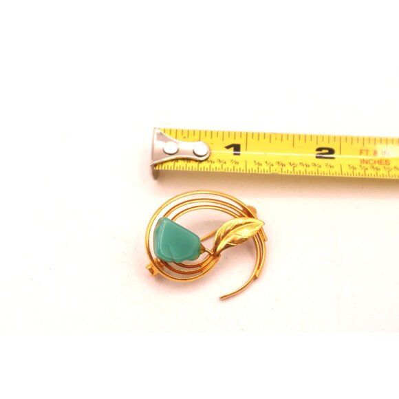 Vintage Leaf Brooch Pin Faux Turquoise Glass Cabochon Unsigned MCM Pc Gold Tone - Picture 8 of 9